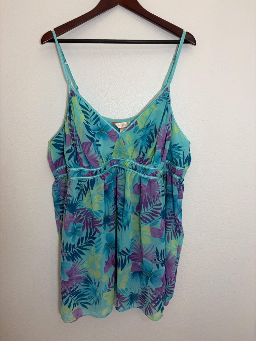 Cacique Tropical Print Spaghetti Strap Sheer Tank Top